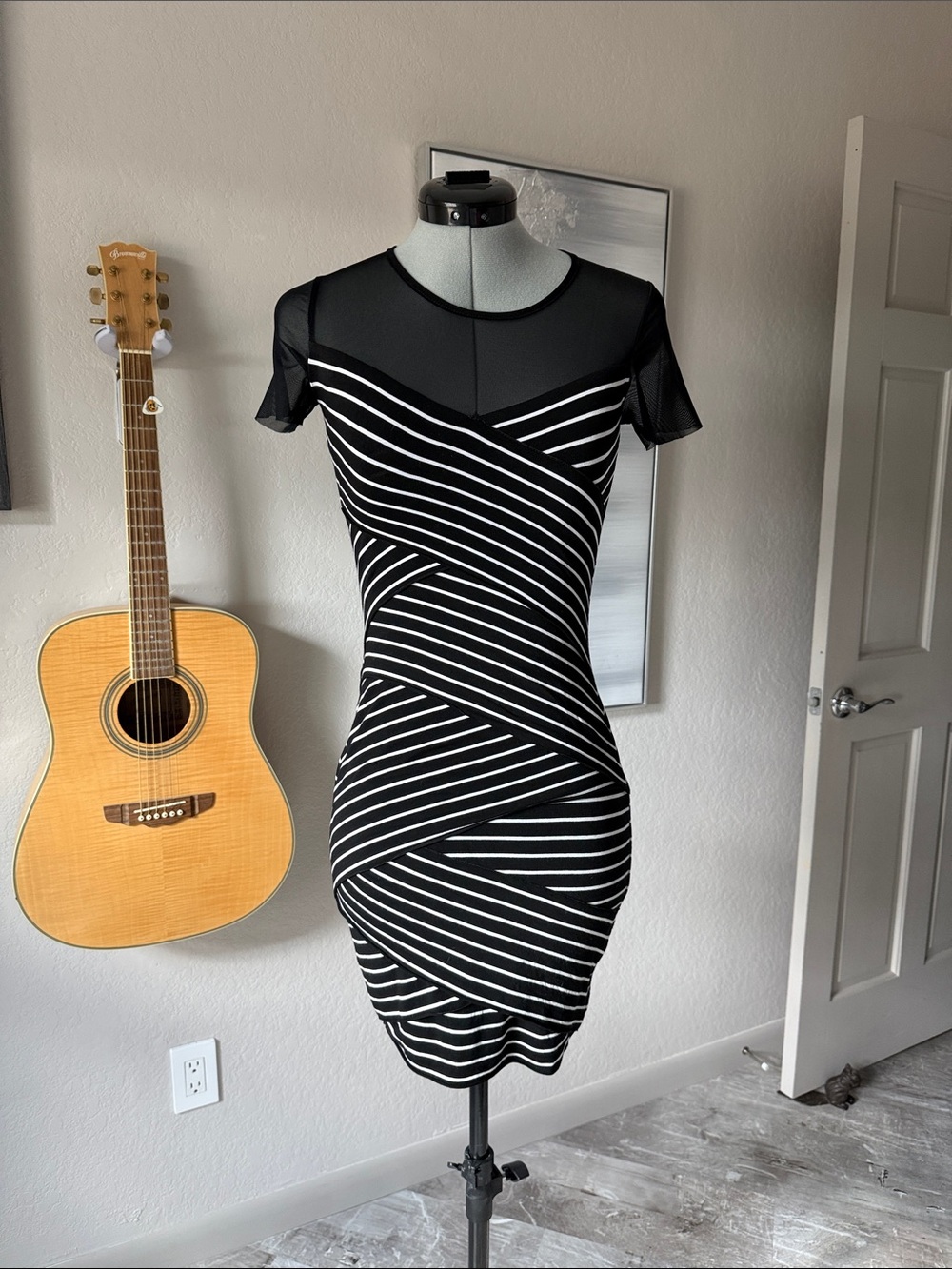 Bailey 44 Black and White Striped Mesh Yoke Bodycon Mini Dress